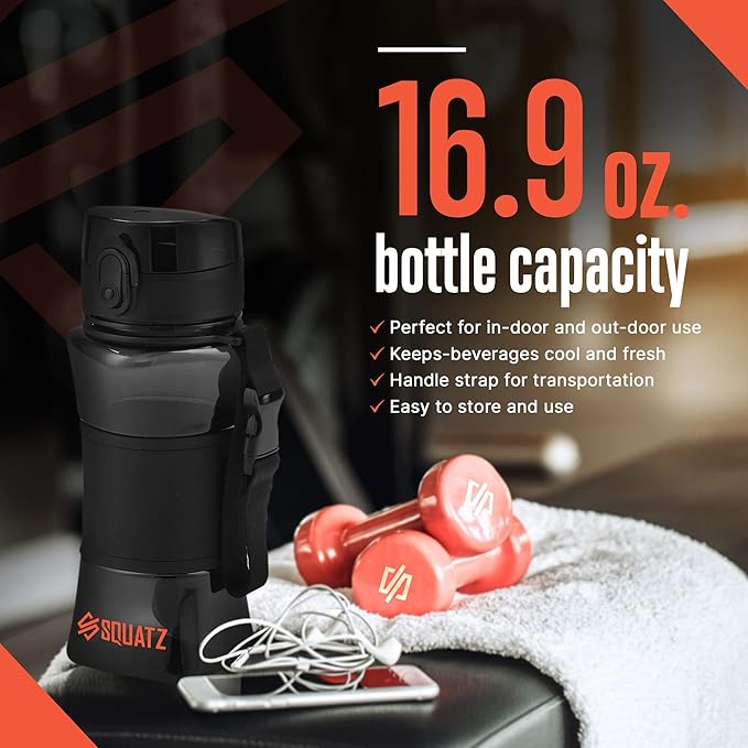 SQUATZ 17 Oz Poseidon Series Water Bottle for Protein and Fruit Shakes - Premium Quality Wide Mouth Gym Flask Fruit Infuser Strainer, Carrying Strap, Leak Resistance, No Condensation Sleeve, Black