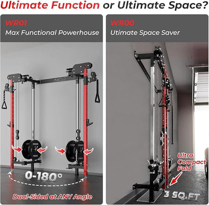 Mikolo Folding Squat Rack, Wall Mounted Power Rack with Cable Crossover Machine & LAT Pull Down, Functional Trainer with 5 Adjustable Function Modes, for Home Gym and Space Saving