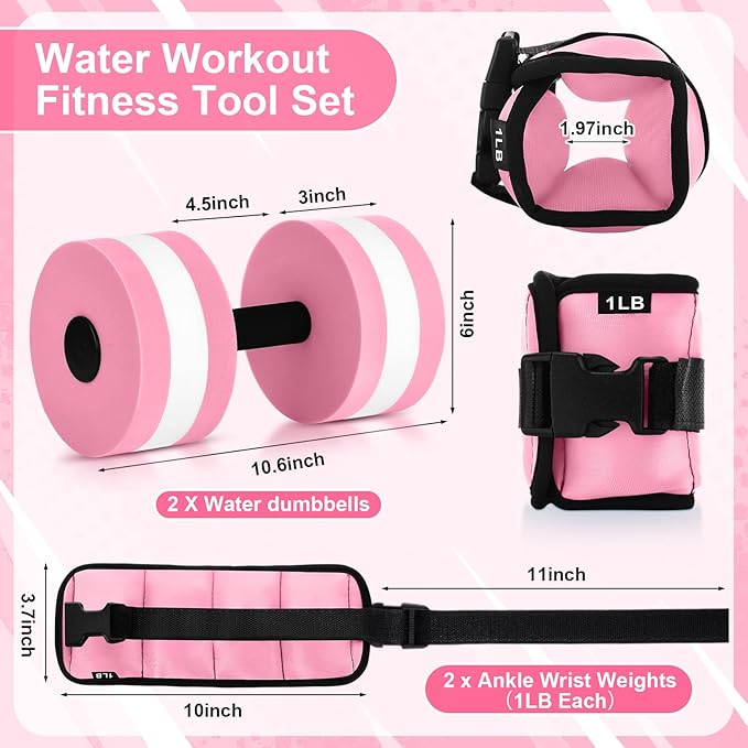 Water Aerobics Set, 4 Piece Pool Exercise Kit (2 Aqua Dumbbells + 2 Ankle/wrist Weights), EVA Foam, Low-impact Workout