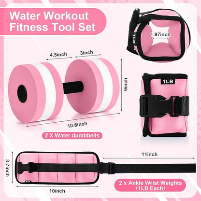 Water Aerobics Set, 4 Piece Pool Exercise Kit (2 Aqua Dumbbells + 2 Ankle/wrist Weights), EVA Foam, Low-impact Workout