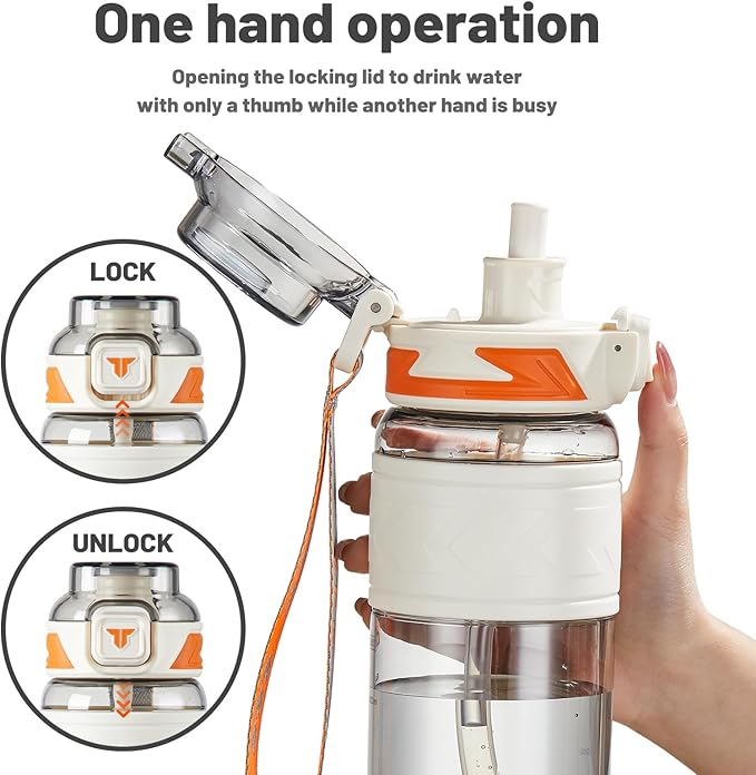TKK Sports Water Bottles with Removable Straw 29 oz Leak-proof Flip Top Lid BPA Free Tritan Bottles with Strap for School, Fitness, Gym, Outdoor, White