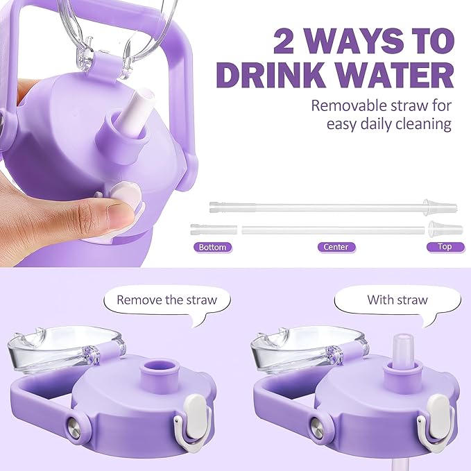 kytffu 64oz Glass Water Bottles with Straw, Half Gallon Motivational Glass Bottle with Silicone Sleeve and Time Marker, 2L Leakproof Large Glass Water Jug for Gym Home Office, Purple