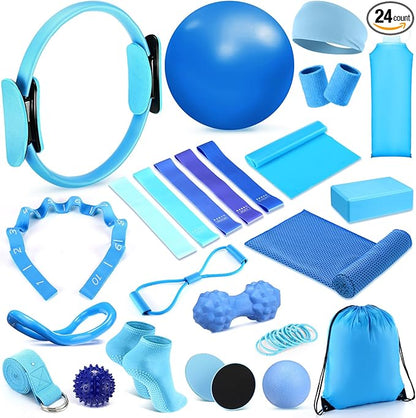 24 Pcs Home Pilates Essentials Kit for Women, Pilates Equipment Ring and Ball Set with Stretching Strap, Water Bottle, Magic Circle, Yoga Ring, Gym Bag, Resistance Band, Anti Slip Socks