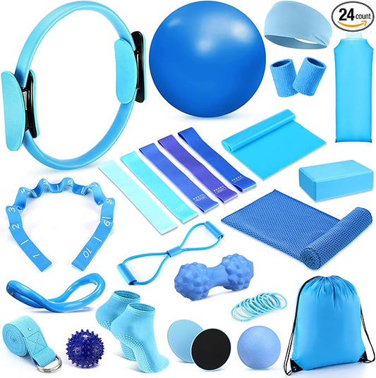 24 Pcs Home Pilates Essentials Kit for Women, Pilates Equipment Ring and Ball Set with Stretching Strap, Water Bottle, Magic Circle, Yoga Ring, Gym Bag, Resistance Band, Anti Slip Socks