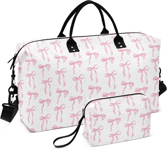 Weekender Bags Travel Duffel Gym Bag Carry on Overnight Tote Bag with Toiletry Bag for Airplane Travel Trip Gym Yoga (Pink Bow 61)