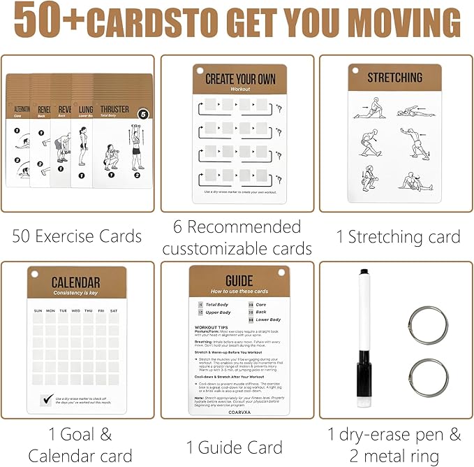 Dumbbell Cards for Women & Men-50 Dumbbell Workout Cards，Includes 2 Rings& Dry-Erase for Easy Organization-Home, Gym or Studio (Dumbbell)