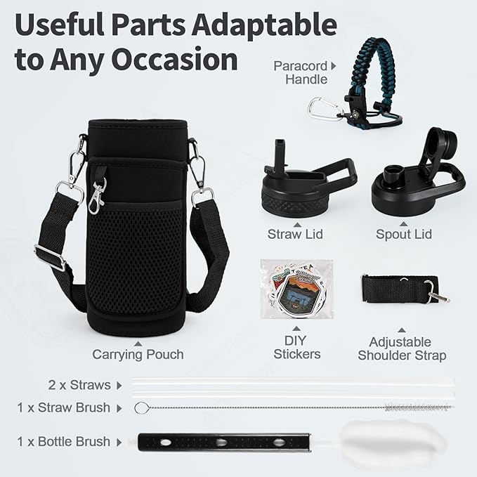 32 oz Insulated Water Bottle with Straw, Stainless Steel Triple Wall Vacuum Sports Water Jug, Leakproof Hydro Cup Flask with Paracord Handle & Straw Spout Lids & DIY Stickers