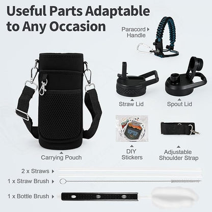 32 oz Insulated Water Bottle with Straw, Stainless Steel Triple Wall Vacuum Sports Water Jug, Leakproof Hydro Cup Flask with Paracord Handle & Straw Spout Lids & DIY Stickers