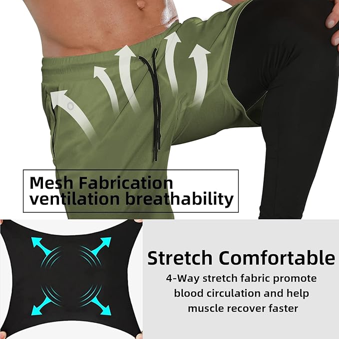 OEBLD Mens 2 in 1 Athletic Running Pants Quick Dry Gym Workout Shorts for Men Compression Pants with Pockets