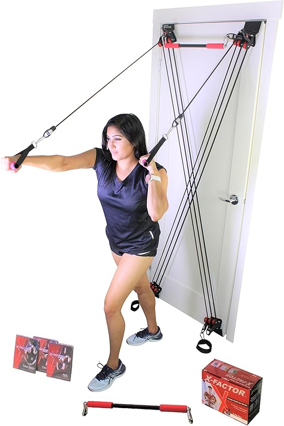 X-Factor Door Gym Complete Home Gym Full Body Exercise System, Doorway Fitness Strength Training Gym with Multi-Tension Resistance Bands, Straight Bar, 2X Padded Handles, 2X Ankles Straps, DVD, Black