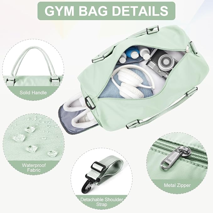 Gym Bag for Women Men with Shoes Compartment,Sports Duffle Bag Personal item travel Duffel Bags Tote Bag Small Carry on Weekender Overnight Bag Workout Dance Bag Hospital Holdalls Mint Green