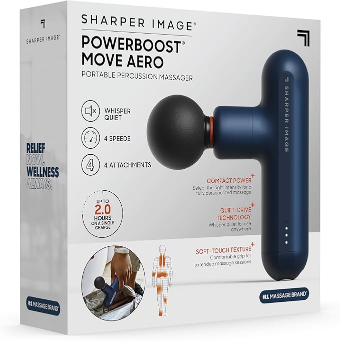 Sharper Image Powerboost Move Aero 3.0 – Mini Percussion Massage Gun| Updated Soft-Touch Design, Carrying Bag, 4 Nodes| Portable Full Body Back & Shoulder Massager| Deep Tissue Massage Tool Gift
