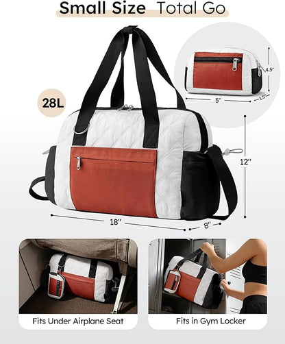 Puffer Gym Bag for Women, Quilted Weekender Bag for Travel, Lightweight Carry on Duffle for Sports Workout Dance Ballet Yoga Gymnastics Hospital with Wet Pocket, Beige-black-brown