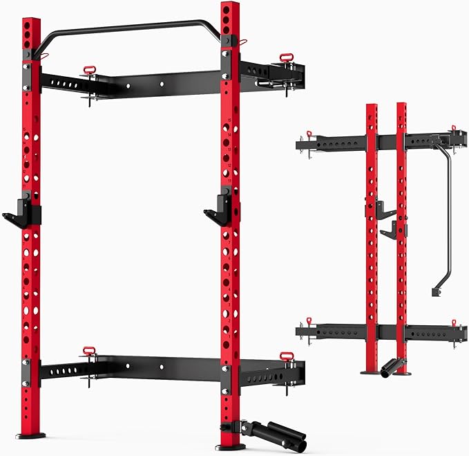 MU 2" x 2" Folding Squat Rack, 1100LBS Wall Mounted Power Rack with Adjustable Pull Up Bar, J Hooks, Landmine, Foldable Squat Rack for Home Gym, Garage, Training Studios (Black and Red)