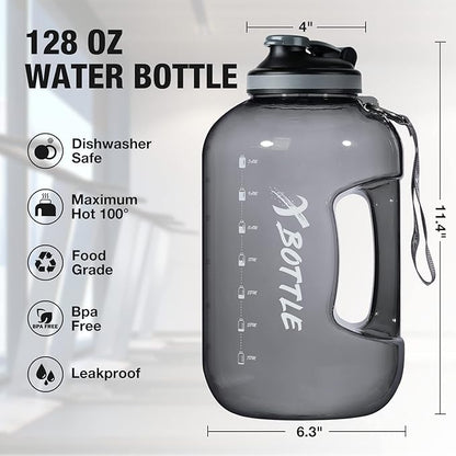 1 Gallon Water Bottle with Chug lid, BPA Free Dishwasher Safe 128oz Large Water Bottle with Motivational Time Marker and Handle Leak-proof Big Water Jug for Camping Sports Workouts (chug lid)