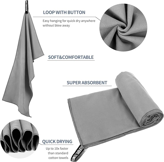 Microfiber Travel Towel, Soft Lightweight Quick Dry Towel, Super Absorbent Compact Travel & Sports & Beach Towels for Camping, Backpack, Gym, Swimming, Yoga, Hiking (XS:12"×24" -White Gray)