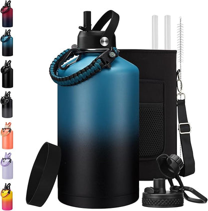 BENZZO 128 oz Insulated Water Bottle with Carrier Bag, 1 Gallon Metal Water Jug Keep Cold-48H Hot-24H, Giant Water Jug with Straw Lid & Spout Lid, Paracord Handle, Gallon Water Canteen for Work