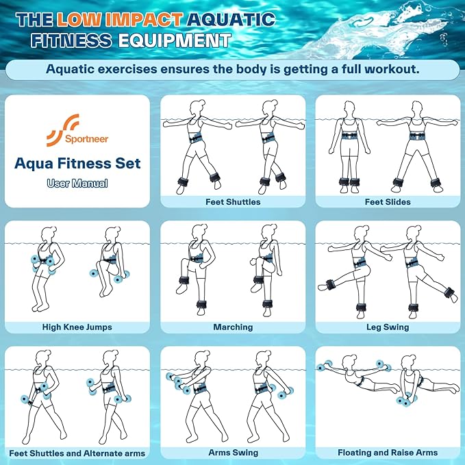 Sportneer Aquatic Exercise Equipment Water Aerobics Combo Set Includes High Density Water Weights Dumbbell Aqua Belt Water Ankle Weights for Pool Exercise Aquatic Therapy Pool Fitness Water Exercise