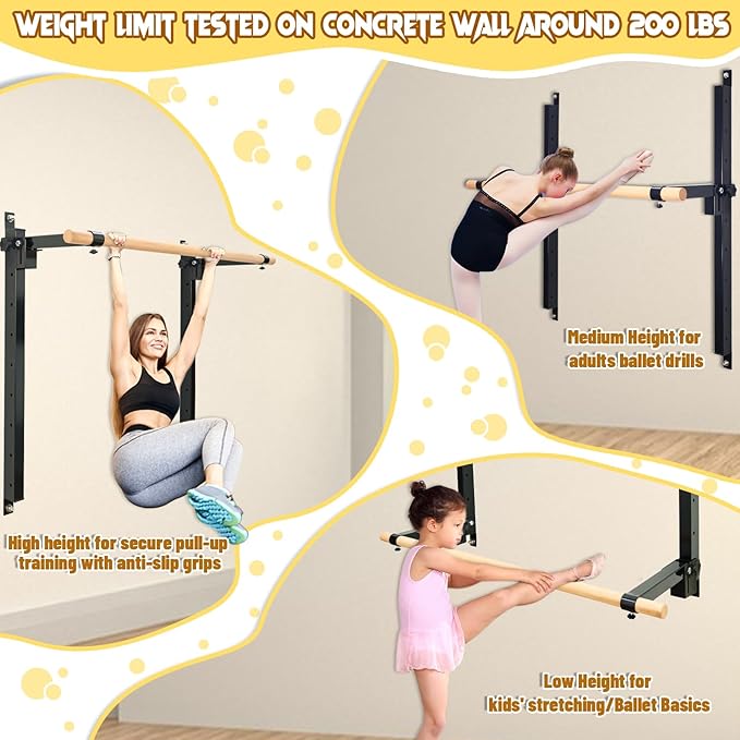 Height Adjustable Ballet Barre Foldable Ballet Bar Dance Training Barre,Wall Mount With Solid Beech Wood Bar,Home Fitness Equipment for Pull Up Stretching Never move or Shake