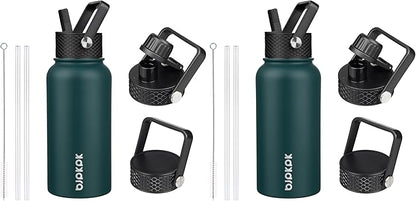 BJPKPK Insulated Water Bottles with Straw Lid, 27oz Stainless Steel Water Bottle with 3 Lids, Leak Proof BPA Free Metal Thermos Mug, Sports Water Bottle Keep Cold & Hot- Army Green (Pack of 2)