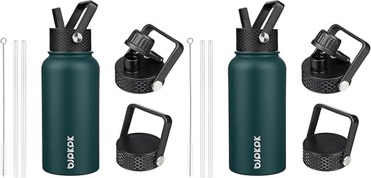 BJPKPK Insulated Water Bottles with Straw Lid, 27oz Stainless Steel Water Bottle with 3 Lids, Leak Proof BPA Free Metal Thermos Mug, Sports Water Bottle Keep Cold & Hot- Army Green (Pack of 2)