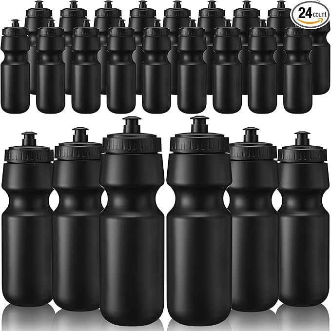 Nitial 24 Pcs Sports Water Bottles Bulk 22 oz Squeeze Reusable Sports Water Bottles Blank Plastic Water Bottles with Pull Top Cap for Adults Sports Fitness Bike, Dishwasher Safe