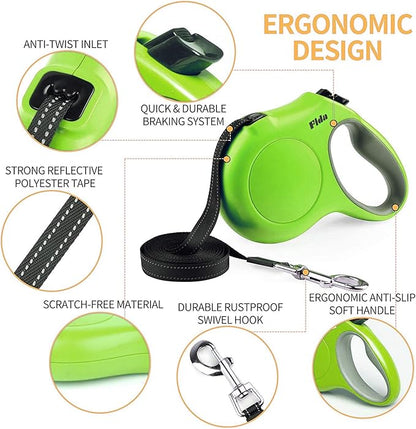 Fida Retractable Dog Leash with Dispenser and Poop Bags, 10 ft Pet Walking Leash for X-Small Dog or Cat up to 18 lbs, Anti-Slip Handle, Tangle Free, Reflective Nylon Tape (XS, Green)