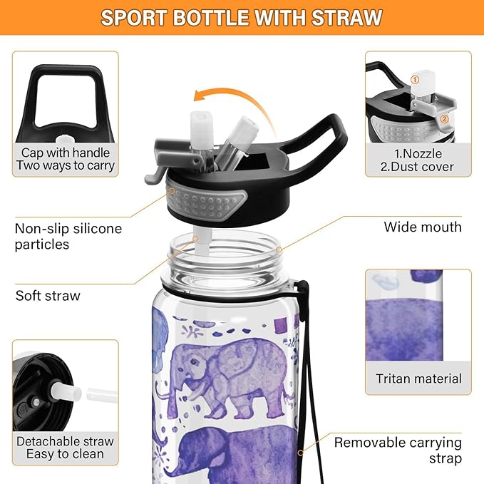 YETTASBIN Elephant Clear Water Bottle with Straw Lid, BPA-Free Leakproof Sport Water Bottle 32oz Large Gym Water Jug for Men Women Travel Fitness Outdoor