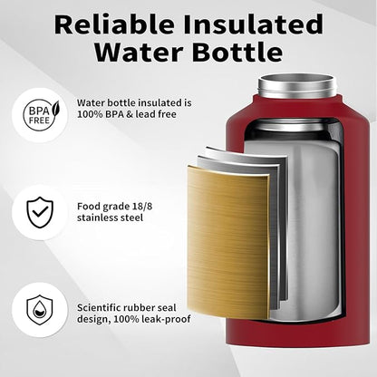 WATERSY 2/3 Gallon Water Bottle Insulated(Cold for 48 Hrs),BPA Free&Leak Proof,87oz Stainless Steel Water Jug/Flask,Big thermo,Large Water Bottle with Handle for Gym,Hiking,Camping,Red
