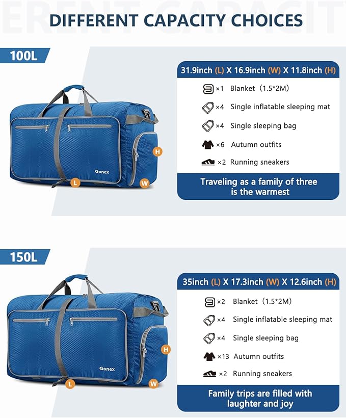 Gonex 40L 60L 80L 100L 150L Large Foldable Travel Duffle Bag with Shoes Compartment, Packable Lightweight Water Repellent Duffel Bag for Camping Gym Weekender Bag