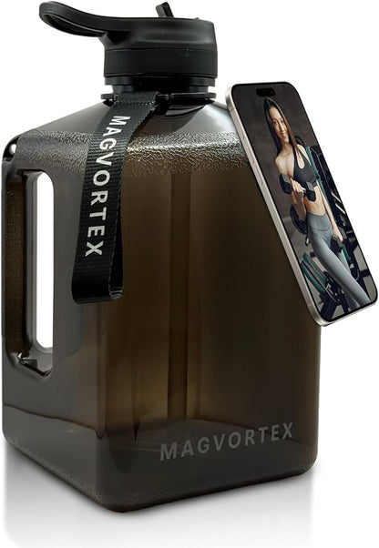 MAGVORTEX 91oz Gym Daily Water Bottle – Large BPA-Free PETG Jug with Magnetic Phone Mount (Plate Included), Leakproof Flip-Top Lid, Wide Mouth for Ice, Straw, Carry Strap, Stable Base, Time Marker