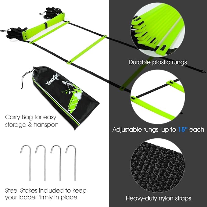 Yes4All Agility Ladder Lime 12 Rung + Agility Cone Lime 12pcs and Agility Hurdle Set, Ultimate Speed Training Equipment, Agility Obstacle Training, Pet Outdoor Games, Included Carry Bag