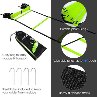 Yes4All Agility Ladder Lime 12 Rung + Agility Cone Lime 12pcs and Agility Hurdle Set, Ultimate Speed Training Equipment, Agility Obstacle Training, Pet Outdoor Games, Included Carry Bag