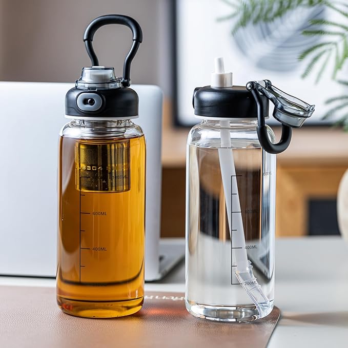 34oz Glass Water Bottle with Straw, Infuser & Protective Sleeve, BPA-Free Large Capacity drinking bottles for Hot or Cold Drinks, Perfect for Gym, Home & Office (34oz 1PCS)
