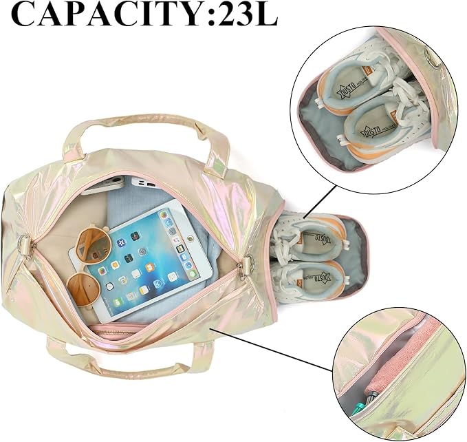 LEDAOU Gym Bag Sports Duffle Bags with Wet Pocket Weekender Overnight Bag with Shoe Compartment and Air Hole for Girls Kids Women Foldable Travel Bags