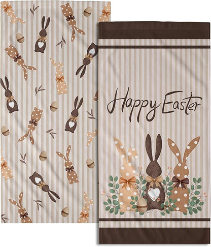 Happy Easter Bunny Hand Towels for Bathroom 2 Packs 14"x28" Polka Dot Rabbits Eggs Green Eucalyptus Decorative Kitchen Towel Brown Stripe Super Soft Drying Finger Towel for Home Hotel Gym