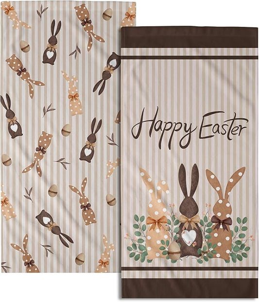 Happy Easter Bunny Hand Towels for Bathroom 2 Packs 14"x28" Polka Dot Rabbits Eggs Green Eucalyptus Decorative Kitchen Towel Brown Stripe Super Soft Drying Finger Towel for Home Hotel Gym