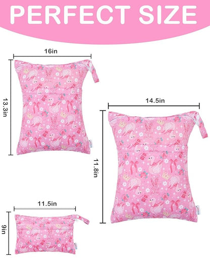 ALVABABY 3 pcs Cloth Diaper Wet Dry Bags Waterproof Reusable with Two Zippered Pockets Travel Beach Pool Daycare Soiled Baby Items Yoga Gym Bag for Swimsuits or Wet Clothes Small Medium Large 3L-SML19