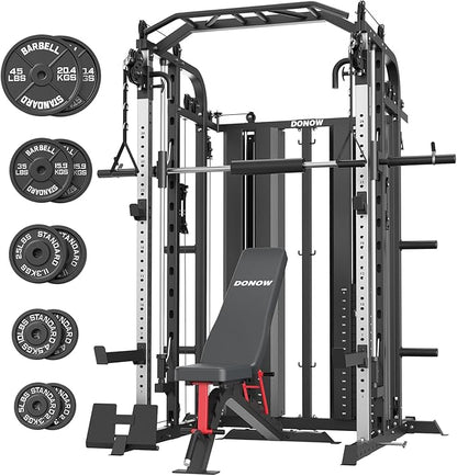 DONOW Smith Machine with Weight Stacks, Multi Function Home Gym System Training Power Cage Squat Rack Dual Cable Crossover Machine All in One
