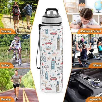 ALAZA Cartoon Big Ben London Cityscape Sports Water Bottle with Straw Tritan Drink Bottle 32 oz BPA Free Reusable for Travel Outdoor Fitness