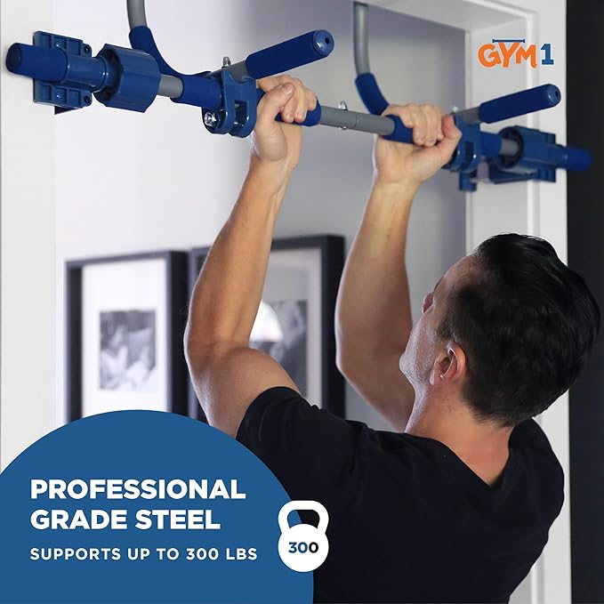 Gym1 Indoor Doorway Gym Set - Sensory Swing & Grip Rings - Adjustable Door Frame Pull-Up Bar for Kids & Adults - Door Frame Jungle Gym with Agility Ladder - 4-Piece, Blue