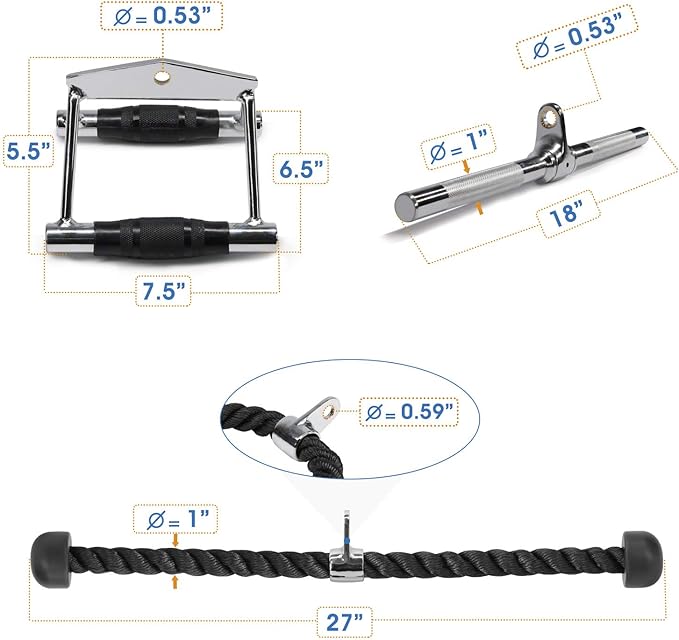 Yes4All Cable Machine Attachment, Row Handles, Tricep Rope, Straight Bar, V Bar, LAT Pulldown Accessories Load 880 LB for Home Gym