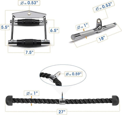 Yes4All Cable Machine Attachment, Row Handles, Tricep Rope, Straight Bar, V Bar, LAT Pulldown Accessories Load 880 LB for Home Gym