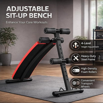 Adjustable Decline Sit-Up Bench for Home Gym, Foldable Ab Bench with Extended Back Support, Multi-Angle Workout Bench for Core Training, Sit Ups & Decline Press, Heavy Duty Steel Frame