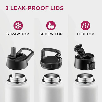 FineDine Triple Walled, Insulated Water Bottles with Straw - 25 Oz Stainless Steel Metal Bottle W/ 3 Leak Proof Lids - For Travel, School, Sports, Gym/Men, Women & Kids - Pure Pearly White
