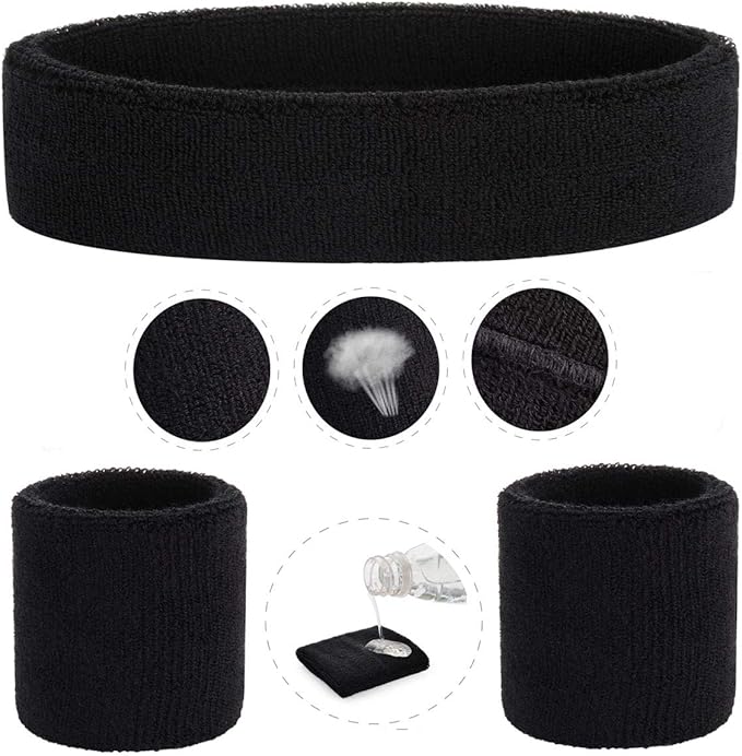 ONUPGO Sweatband Set Sports Headband Wristband Set Sweatbands Terry Cloth Wristband Wrist Sweatband Headbands Moisture Wicking Sweat Absorbing Head Band