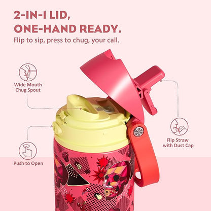 POWCAN 24 oz Insulated Skull Water Bottle: 2-in-1 Lid with Push-Button Spout & Quick-Flip Straw, Leakproof, Car Cupholder Friendly, Stainless Steel for Gym, Travel, Camping (Candy Vandal)