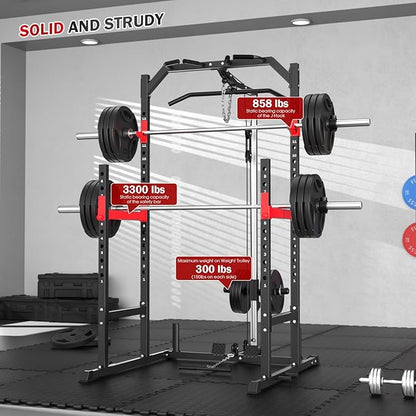 Power Cage, Multi-Function Power Rack with Pulley System Strength Training for Home Gym, Bench Press Squat LAT Pull-Down Pull-up Rowing, All in One Workout Cage