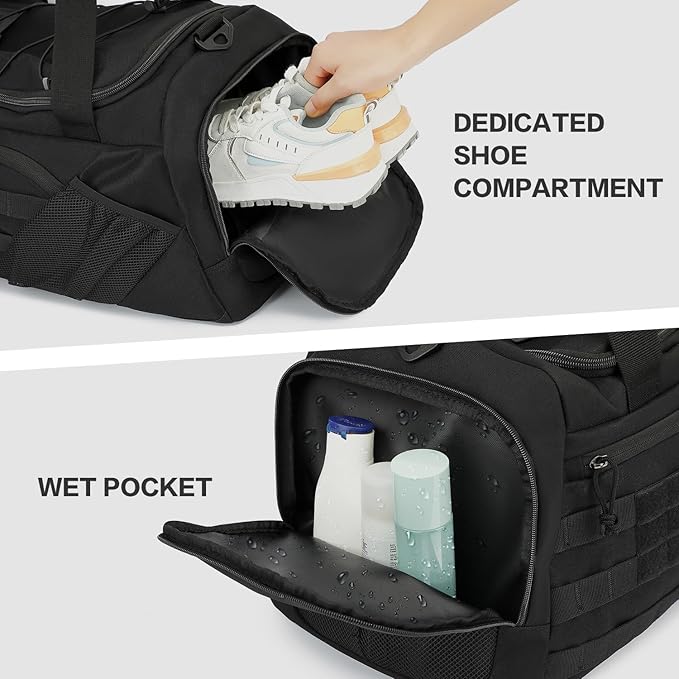 3-in-1 Tactical Gym & Travel Duffle Bag Backpack Men Multi-Functional 45L Military Sports Duffle Bag with Shoe Compartment & Wet Pocket for Workout Weekender Overnight Bag with Molle Webbing, Black