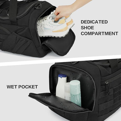 3-in-1 Tactical Gym & Travel Duffle Bag Backpack Men Multi-Functional 45L Military Sports Duffle Bag with Shoe Compartment & Wet Pocket for Workout Weekender Overnight Bag with Molle Webbing, Black